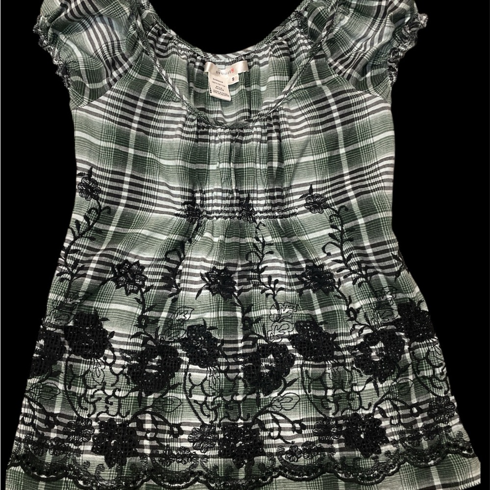Studio M Green and Black Plaid Embroidered flowers with vines.